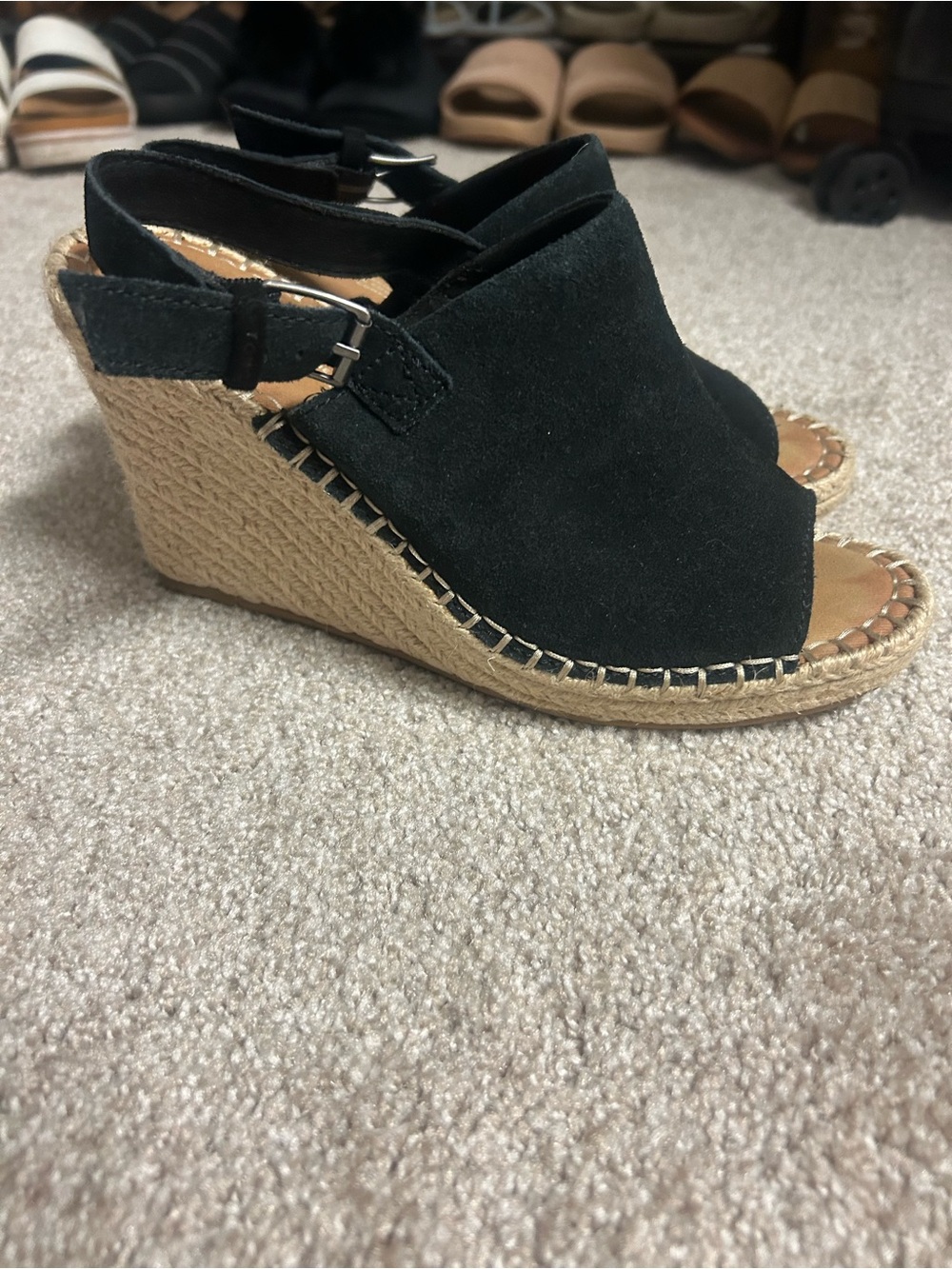 Toms Black Suede Espadrille Wedge Sandals